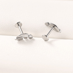 F136 Titanium Feather Flat Back Stud <b>Earrings</b> | Internally Threaded Cartilage, Lip, and Helix <b>Piercing</b> Studs for Women - Product Image 3