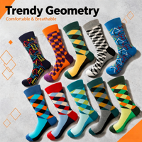 Chaussettes habillées en coton pour hommes, jacquard géométrique coloré à motif argyle, 10 styles, à carreaux, triangle, losange, fantaisie