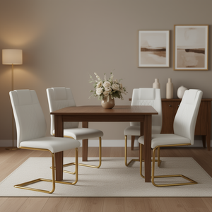 Modern White Faux Leather <b>Dining</b> <b>Chairs</b> <b>Set</b> <b>Of</b> <b>4</b> Golden Metal Legs Cushioned For Home Office Kitchen Living Room Bedroom - Product Image 2