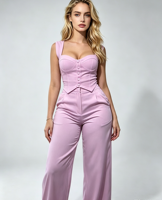 Ensemble 2 pièces d'été bleu élastique pour femme : débardeur court et pantalon large de style élégant pour la détente