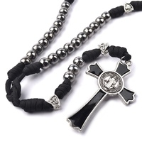 Chapelet masculin en paracorde robuste noir avec perles de fer de 10 mm et croix