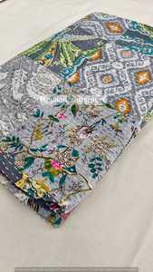 Handmade Indian Floral Printed Kantha Quilt Organic Cotton Traditional Home Decor All Season Green White Pattern - Product Image 4