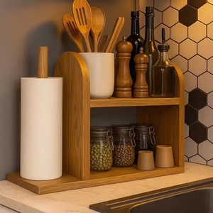 Wooden Kitchen Storage Rack Double Layer Organizer For Utensils Jars And <b>Paper</b> <b>Towel</b> Countertop <b>Holder</b> - Product Image 4