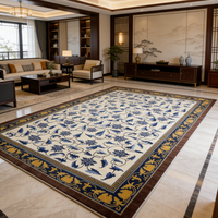 Tapis tissé en laine motif floral chinois indigo, motif meander traditionnel, pour salon, adapté aux animaux domestiques, écologique