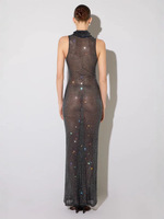 Robe longue élégante pour femmes, en dentelle transparente, avec lacets, tissu en maille et bordure en strass, sans manches, longueur au sol