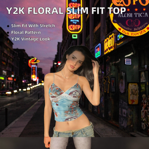 เสื้อสายเดี่ยวถักลายดอกไม้สไตล์วินเทจ คอวี ผ้าตาข่ายระบายอากาศ เป็นมิตรต่อสิ่งแวดล้อม สำหรับผู้หญิง สีตัดกัน ยืดหยุ่นสูง ทรงเข้ารูป - Product Image 2