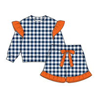 Ensemble 2 pièces personnalisé pour filles, haut à manches longues à volants sur les épaules et short à volants avec nœud, couleur contrastante, vêtements pour enfants