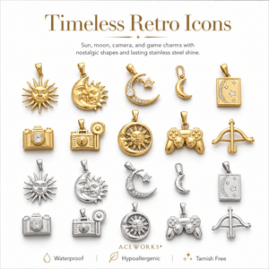 Iconos Retro Atemporales |   Dijes de Acero Inoxidable con Baño de Oro PVD de 18K |   Colgantes de Cámara, Arco y Flecha, y Control de Videojuegos con Diseño de Sol y Luna - Product Image 1