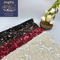 Tissu en dentelle de maille à sequins lourds en forme de goutte d'eau, broderie 3D en forme de feuille, 100 % polyester, pour robe de mariée, robe de soirée