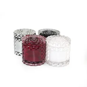 Bulk 15OZ glass candle jars with lids embossed honeycomb pattern  design,candle holders wholesale