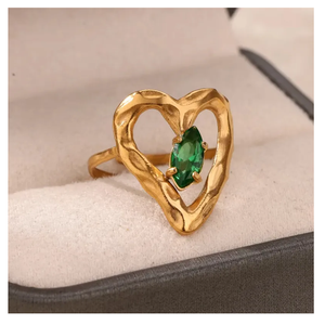 Personalized Hollow <b>Stainless</b> <b>Steel</b> <b>Ring</b> with Irregular Opening Adjustable Gold Plated <b>Ring</b> With Beautiful Green Colored Stone - Product Image 2