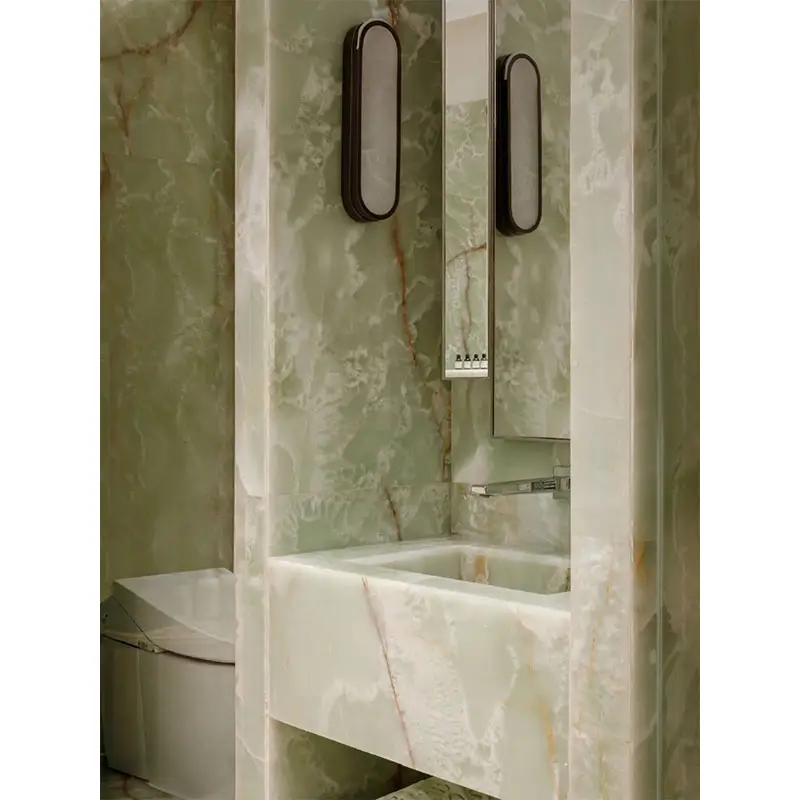HZX lembaran batu marmer Onyx giok hijau dipoles indah untuk meja ruang tamu kamar mandi furnitur dinding ubin Onyx