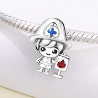 Pendentif Breloque en Alliage de Cuivre Plaqué Argent, Casque de Pompier 3D de Dessin Animé, Flamme Émaillée Rouge, Zircon, Unisexe, pour Enfants, Femmes et Hommes