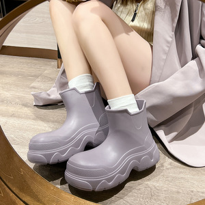 Thick Soled PVC Rain Boots Solid Color Round Toe Waterproof All Seasons Women's Ankle Boots - Product Image 6