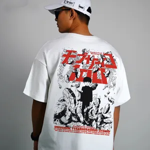 Custom Logo Hiphop Streetwear Mob Psycho Gewassen Vintage T-Shirt 100% Katoenen Heren Overzide Zeefdruk T-Shirts