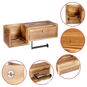 Portarrollos de Papel Higiénico de Madera para Montar en la Pared con Cajón, Estante de Almacenamiento, Organizador de Baño, Madera Maciza Negra Quemada - Product Image 3