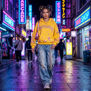 Sudadera con Capucha Oversize Amarilla para Mujer, con Estampado de Estrellas Rosas y Pedrería, Sudadera Gráfica Brillante, Estilo Urbano Estético - Product Image 1