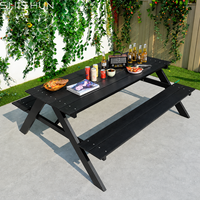 Table de pique-nique d'extérieur avec bancs, structure en aluminium, revêtement en poudre, plateau en WPC, design moderne, pour entrepôts et espaces de restauration commerciaux