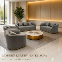 Ensemble de canapés d'hôtel 3+2+1+1 en cuir PU, ensemble de canapés de luxe pour salon avec garniture dorée, canapé cannelé