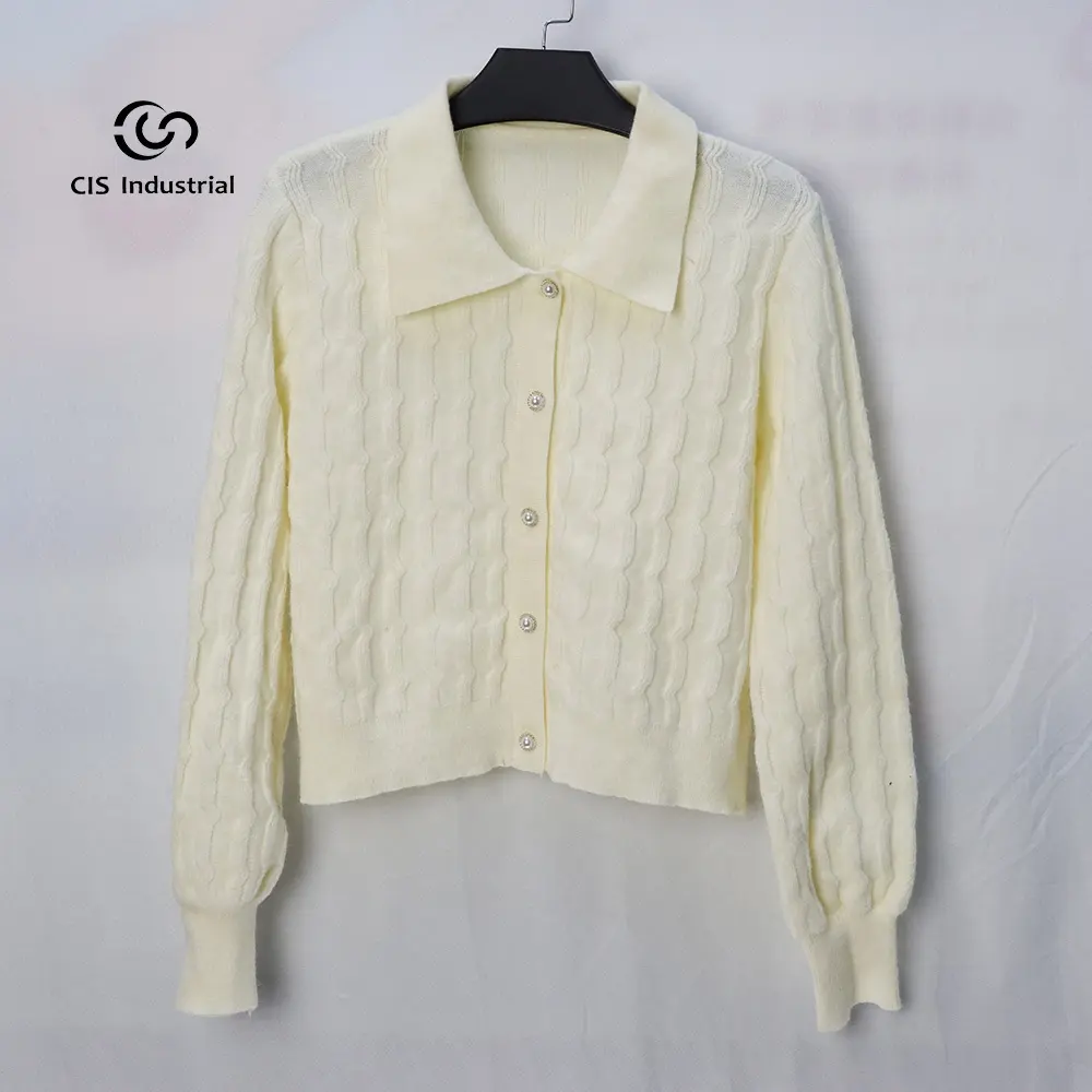 Direct Factory Custom Women Winter Sweater O Neck Front Open Button Zip Twist Patched Fancy Knitted Cardigan Women