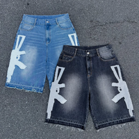 Shorts en Jean Baggy Bleus Homme Personnalisés Y2K Streetwear avec Broderie Applique Patchwork