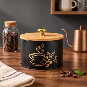 Recipiente de Acero Negro para Café con Tapa de Bambú, Contenedor Redondo para Almacenamiento de Alimentos para la Encimera de la Cocina - Product Image 1