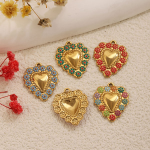 Pendentif en émail motif floral en forme de cœur, plaqué or 18 carats PVD, en acier inoxydable, vente chaude F158, pour la fabrication de bijoux - Product Image 1