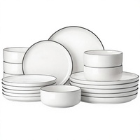 Service de vaisselle en céramique 12 pièces, 4 assiettes plates, 4 assiettes à dessert, 4 bols à céréales, blanc avec bord noir, compatible micro-ondes