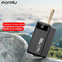 Batterie externe super grande capacité 200000 mAh avec prise Type-C, charge rapide 66W, câble intégré à quatre fils, LED extérieure, Micro USB