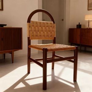 Silla de comedor de ratán tejido con estructura de metal estilo vintage para sala de estar, restaurante y uso doméstico. - Product Image 1