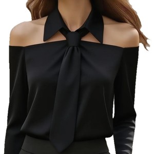 Großhandel Einfarbige Lässige Vielseitige Damen-Bluse mit Kragen und Schleife, Schulterfreies Design, Langarm, Satin - Product Image 5