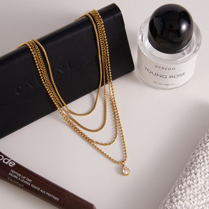 Collier multi-couches en acier inoxydable avec pendentif goutte d'eau, design géométrique, pour femmes, bijoux tendance - Product Image 4