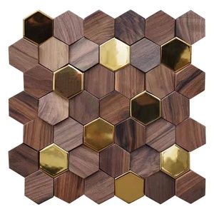 Murs intérieurs Panneaux de plafond hexagonaux en bois de noyer noir Salon de thé Mosaïque en bois massif Mur de fond TV Panneaux de décoration Panneau - Product Image 2