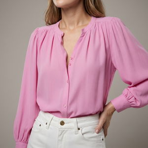 Chemisier en mousseline de coton tissé rose 100 % coton pour femme, col rond, boutonné, manches ballon trois quarts, élégant, uni, décontracté, vente en gros - Product Image 1