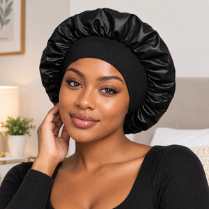 EHALER Doppel-Satin-Schlafhaube Unisex Einlagige Haarkappe mit Eigenem Logo Satin-Schlafmütze Großhandel für Locken und Zöpfe Schwarz - Product Image 1