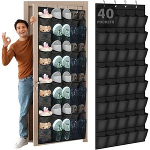 40 Pocket Over The Door <b>Shoe</b> Organizer Black Hanging Mesh Rack For Closet Behind Door Storage With <b>Hook</b> Type Installation - Product Image 1