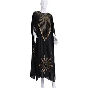 Custom chiffon sleeveless burka islamic ethnic clothing kaftan beads crew neck arab embroidery abaya women muslim dress turkey