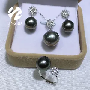 Jewelry set 18 K gold new design earrings for women gift charms pendant elegant party Tahitian pearl ring natural color wedding