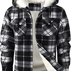 Custom Men's Faux Leather Flannel Hooded Jacket Winter Warm Coat with Plaid Zipper Sherpa Hood Fleece Lined Flannel Shirt - Product Image 1