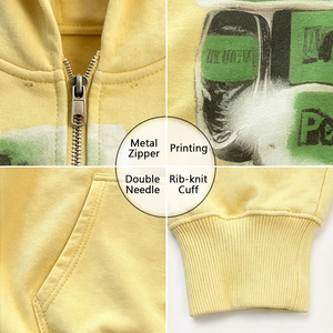 Sweat à capuche zippé court RANAX jaune 420GSM, imprimé, unisexe, coupe oversize, streetwear décontracté - Product Image 2
