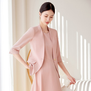 Women's Apricot Blazer Dress Set Slim Fit Solid Color Anti-Wrinkle Work Wear - Product Image 4