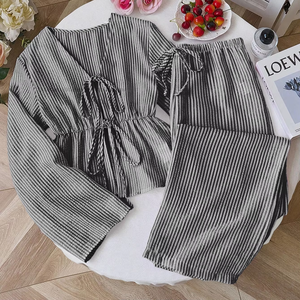 Women's New Arrival Comfortable Striped Loose-Fit <b>Tie</b>-Front Top & Pants Casual 2-Piece <b>Set</b> Fashion - Product Image 2