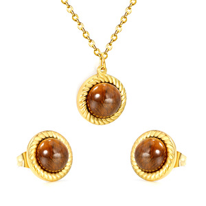 Conjunto de Collar y Pendientes de Piedra Ojo de Tigre, Cadena Trenzada Redonda, Engaste de Aleación de Zinc, Joyería de Moda - Product Image 2