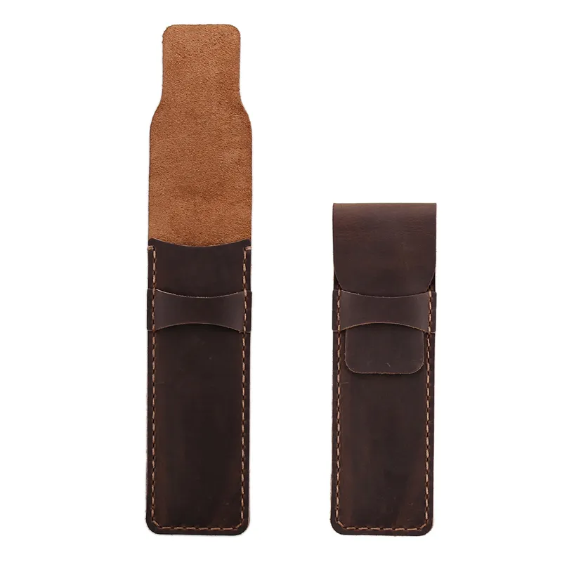Portable Handmade Crazy Horse Leather Pen Sleeve Vintage Top Layer Cowhide Leather Pen Case with Protective Flip Pocket