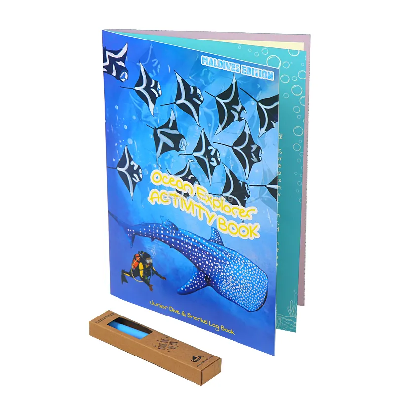 Buku anak-anak sampul lembut kustom pencetakan buku aktivitas penjelajah laut sadel jahit mengikat buku anak-anak dengan stiker