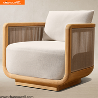 Ensemble de meubles d'extérieur en teck de luxe moderne, avec accoudoirs en corde tressée, mousse à séchage rapide et tissu d'extérieur, avec table basse en teck