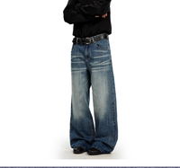 Jean en denim de coton bleu foncé délavé coupe bootcut style américain taille mi-haute unisexe vintage pour toutes les saisons