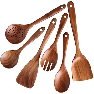 Accesorios de madera de teca para cocina, artículos de 2020, 6 piezas para servir cuchara, espátula, cucharón, Skimmer, juego de utensilios de madera