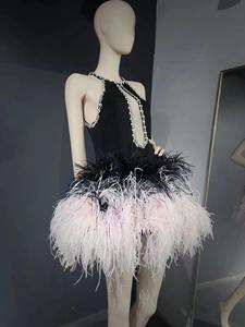 <span class=keywords><strong>QUEENS</strong></span> GOWN Princesa Falda corta Vestido Halter Rosa Pluma de avestruz Traje de escenario Vestido Desfile de moda Vestido de noche de lujo - Product Image 6