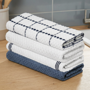 Ensemble de torchons de cuisine 100% coton écologiques, motif à carreaux, blanc bleu marine, rectangulaires, tissés, pour usage domestique, lavables en machine - Product Image 1